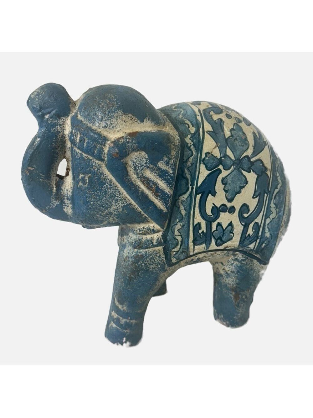 Vintage Terracotta Handmade Blue Elephant Decor Statue Heavy Handpainted